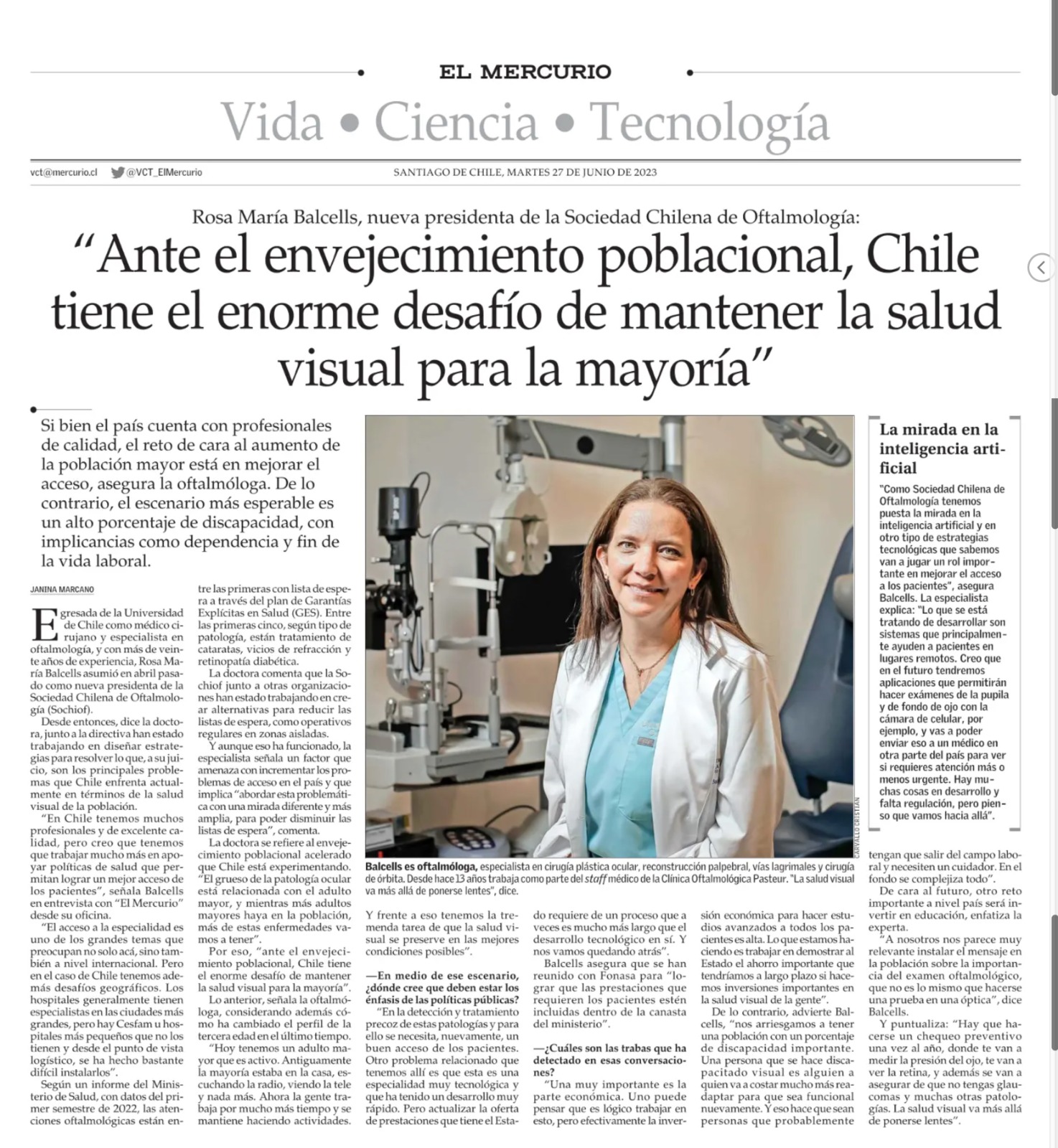 Dra. Rosa Balcells, presidenta de la Sochiof, en entrevista con El Mercurio:  